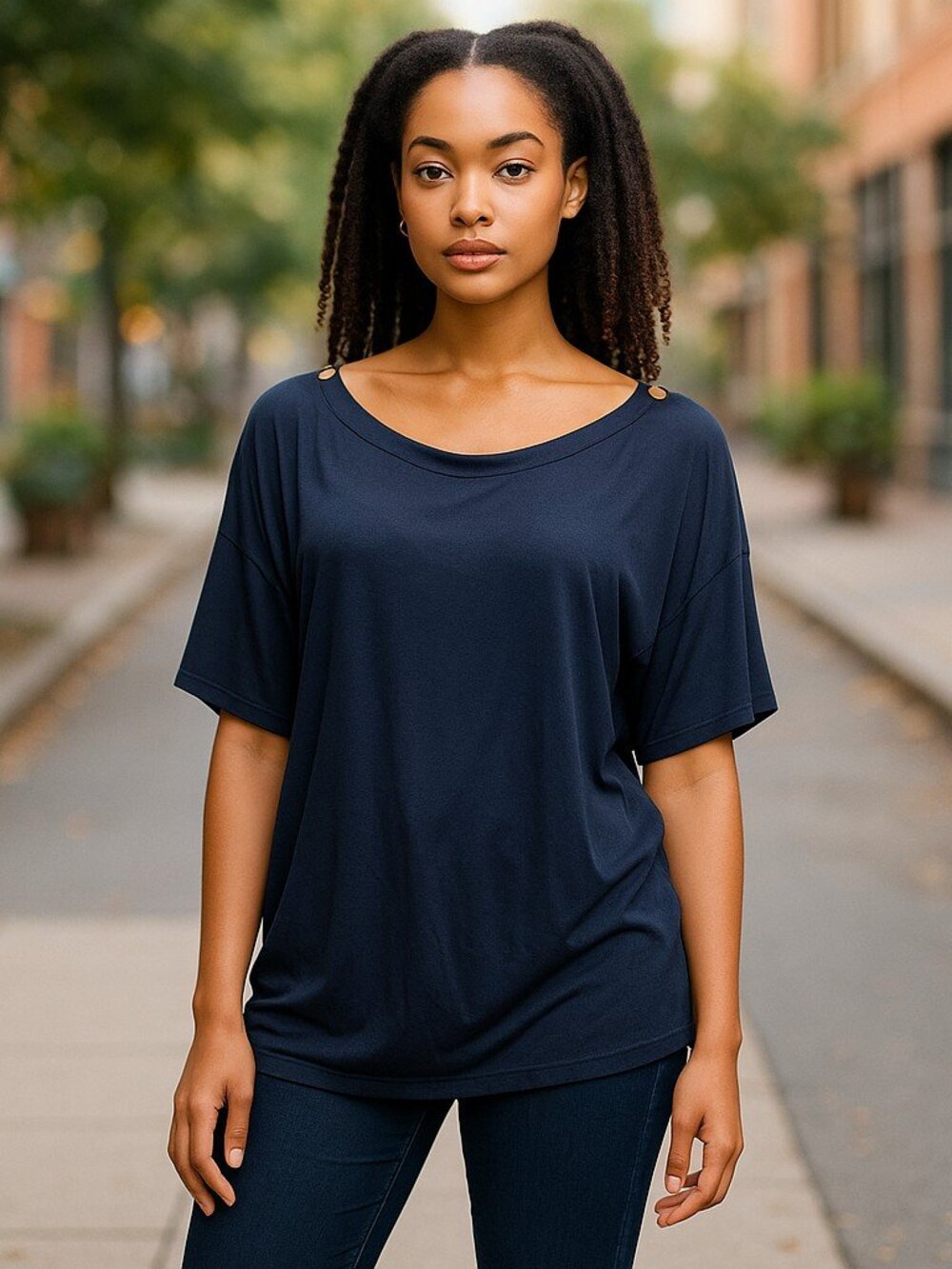 SIGNATURE COLLECTION Navy Blue Open Sleeve Metal Ring Top Ladies Large 14-16